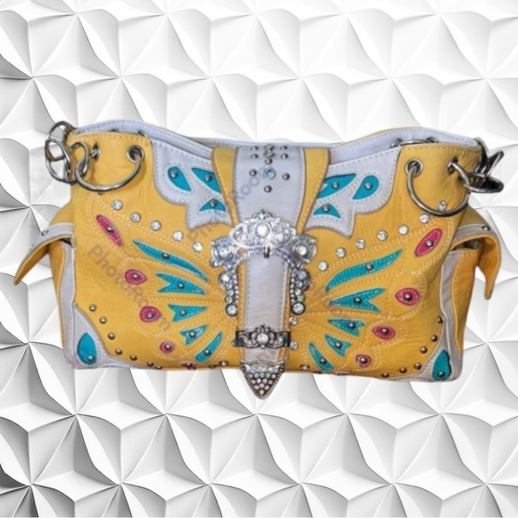 EUC Concealed Carry Boho/Western Purse Yellow & Turquoise Rhinestones - Picture 2 of 11